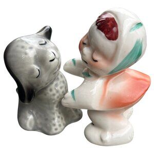 Vintage VanTellingen Girl and Gray Lamb Hugger Salt & Pepper Shaker Set Huggable